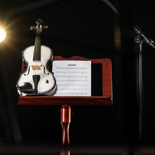 Closeup of violin and sheet music on Stageline wooden music stand